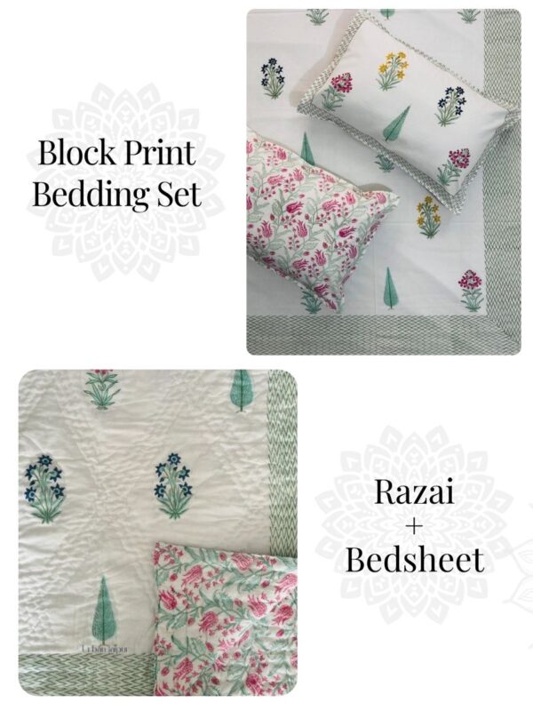 Tulika – Luxurious Hand Block Printed Bedding Set (Quilt + Percale Bedsheet + 2 Pillow Covers)