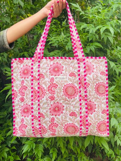 Floral Print Quilted Tote Bag With Side Bottle Partition (Zip Closure)