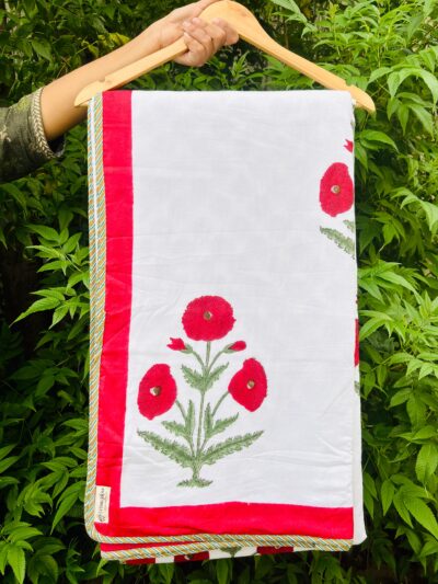 Red Poppy Floral Hand Block Double Bed Dohar