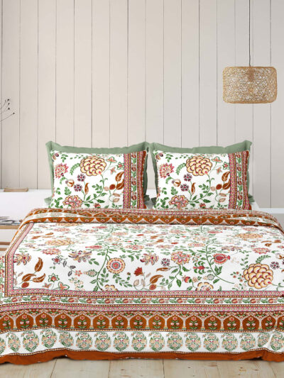 Rangriti – Green & Orange Leafy Floral Cotton Bedsheet Set (100x108 King Size)