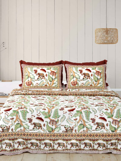Rangriti – Elephant & Floral Print Cotton Bedsheet Set (Multicolor, King Size 100x108)