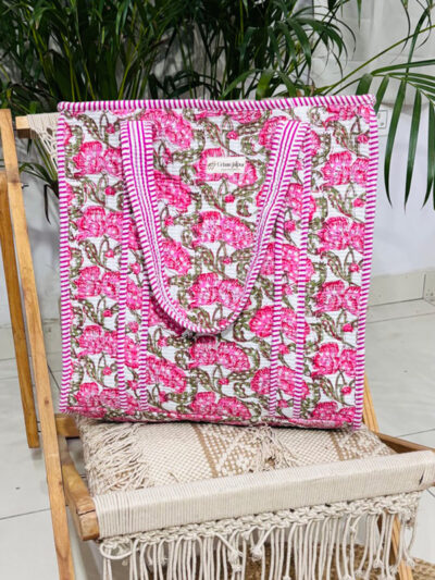Floral Print Quilted Tote Bag large size with zip closure