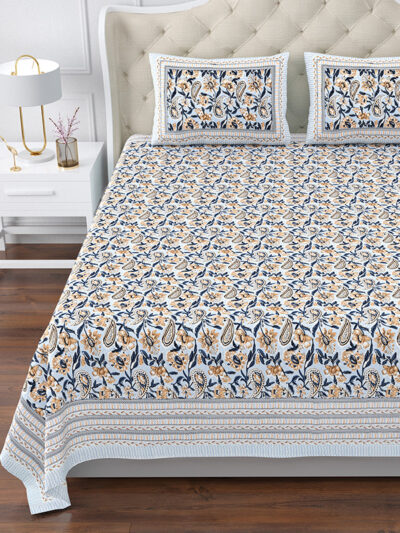 Magnolia - Buta Print Super King Size Bedsheet - 10ft by 10 ft Bedsheet - Floral Paisley Print, Blue