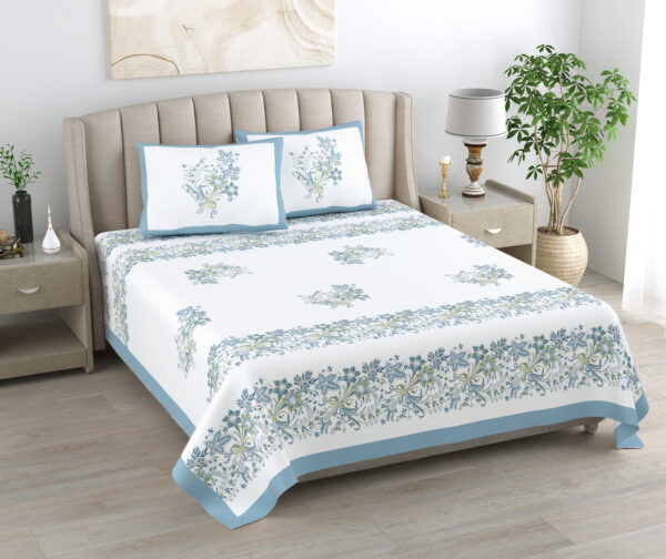 Kaya - Minimal Pure Cotton Bedsheet (93x108 in) – White & Blue Artistic Print