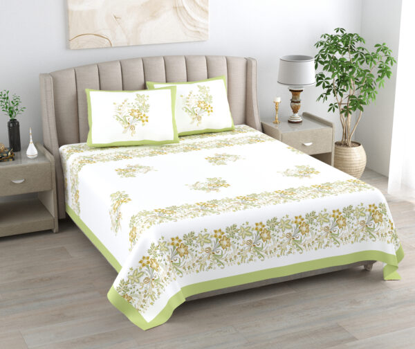 Kaya - Minimal Pure Cotton Bedsheet (93x108 in) – White & Green Artistic Print