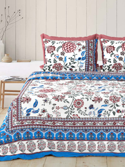 Rangriti – Red Leafy Floral Cotton Bedsheet Set (100×108 King Size)