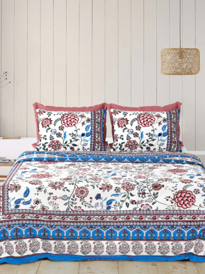 Rangriti – Red Leafy Floral Cotton Bedsheet Set (100×108 King Size)