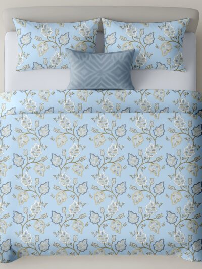 Heritage 300 TC Pure Cotton Bedsheet – Soft Blue Leaf Print (King Size)