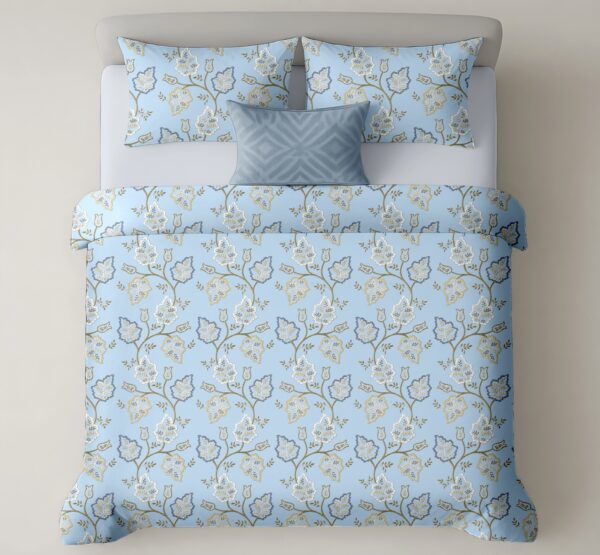 Heritage 300 TC Pure Cotton Bedsheet – Soft Blue Leaf Print (King Size)
