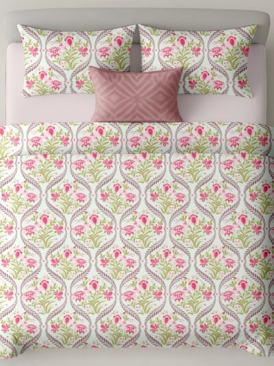 Heritage Pure Cotton Bedsheet – Royal Pink Green Jaal (300 TC, King Size)