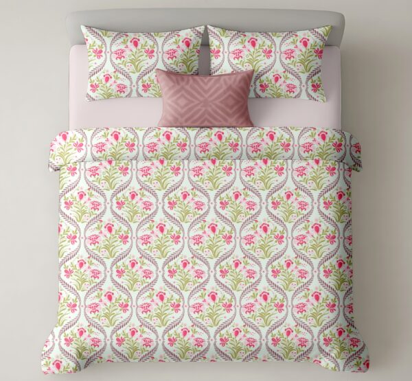 Heritage Pure Cotton Bedsheet – Royal Pink Green Jaal (300 TC, King Size)