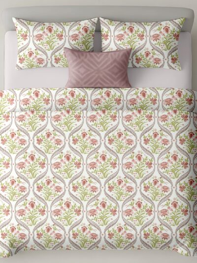 Heritage Pure Cotton Bedsheet – Beige & Red Floral Jaal (300 TC, King Size)