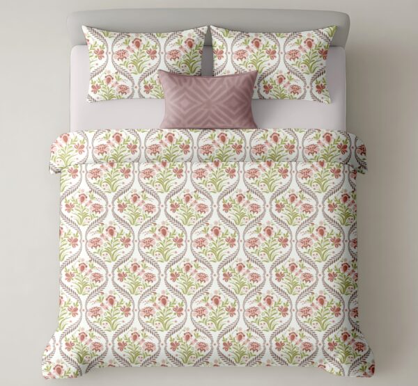 Heritage Pure Cotton Bedsheet – Beige & Red Floral Jaal (300 TC, King Size)
