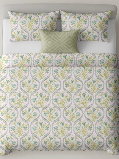 Heritage Pure Cotton Bedsheet – Royal Pink Green Jaal (300 TC, King Size)