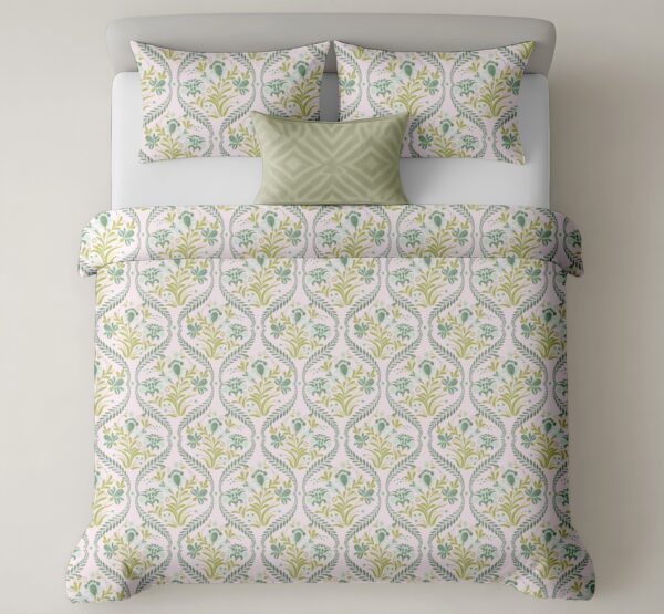 Heritage Pure Cotton Bedsheet – Royal Pink Green Jaal (300 TC, King Size)