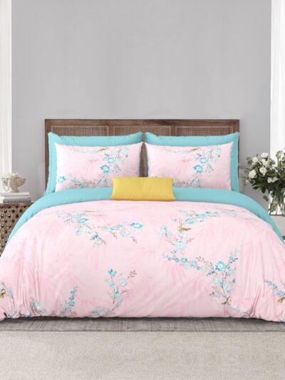 Heritage 300 TC Pure Cotton King Size Bedsheet Set with Pillow Covers – Soothing Pink & Blue