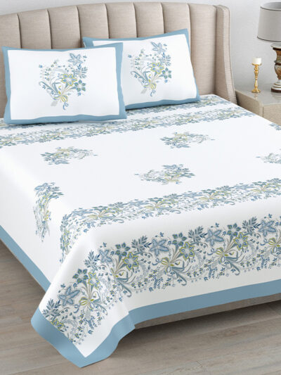 Kaya - Minimal Pure Cotton Bedsheet (93x108 in) – White & Blue Artistic Print