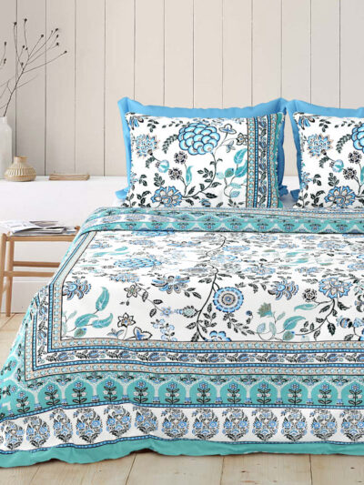 Rangriti – Blue Leafy Floral Cotton Bedsheet Set (100×108 King Size)