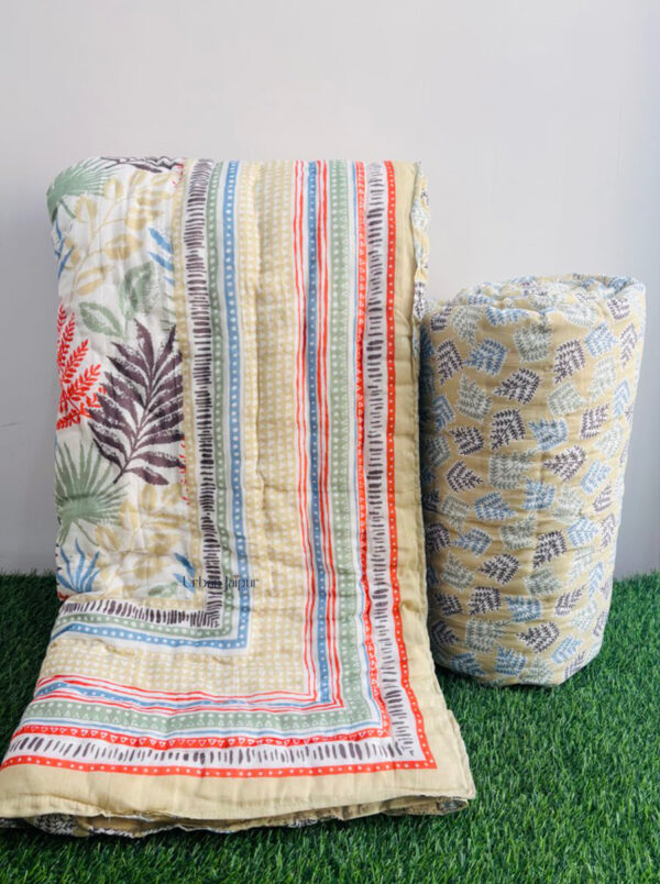 Original Mulmul Cotton Jaipuri Razai for Single Bed - Leaf Print (Yellow, Red)