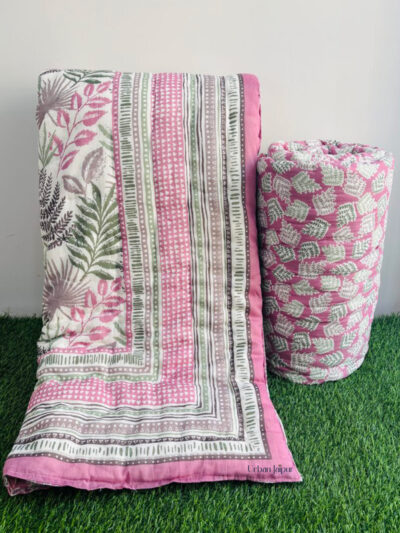 Pure Cotton Mulmul Jaipuri Single Bed Razai - Pink (Floral Print)