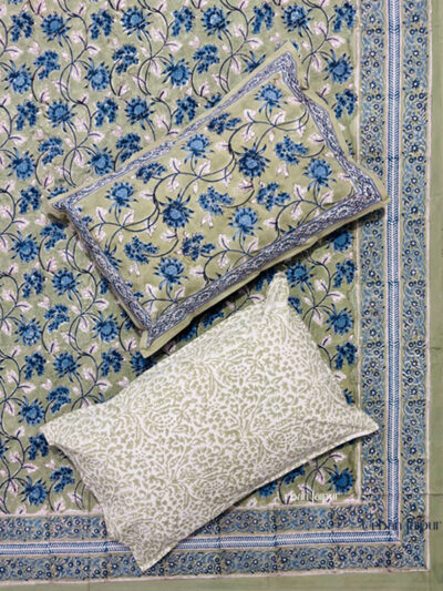 Harmony– Handcrafted Block Print Cotton Bedsheet (King Size) – Serene Sage Elegance