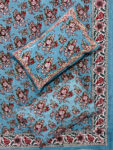 16 Karigari – Handcrafted King Size Cotton Bedsheet with Red Floral Prints – Sea Blue Beauty