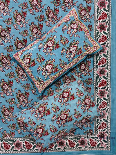 Karigari – Handcrafted King Size Cotton Bedsheet with Red Floral Prints – Sea Blue Beauty