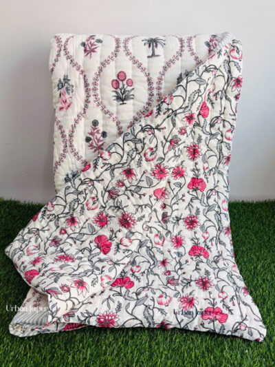 Pink Vine Floral Jaipuri Razai King Size – Handcrafted Cotton Quilt from Jaipur