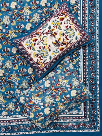 Karigari – Handcrafted Cotton Bedsheet with Multicolor Motifs – Artistic Blue Charm