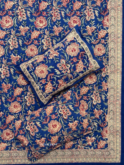 Karigari – Handblock Print King Size Cotton Bedsheet with Matching Pillow Covers – Royal Blue Elegance