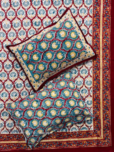 Karigari – Mughal Jaal Handblock Print King Size Cotton Bedsheet with Contrast Pillow Covers