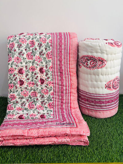 Jaipuri Razai King Size Pink Green Floral Cotton Quilt – Regular & Heavy Winter | Urban Jaipur