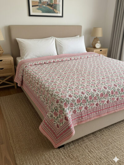 Jaipuri Razai King Size Pink Green Floral Cotton Quilt – Regular & Heavy Winter | Urban Jaipur