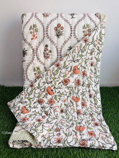 Peach Vine Floral Jaipuri Razai King Size – Handcrafted Cotton Quilt from Jaipur