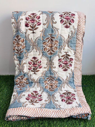 Jaipuri Razai King Size – Blue Mughal Floral Cotton Quilt