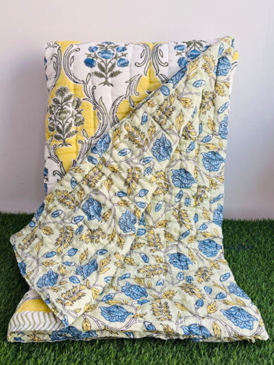 Jaipuri Razai King Size – Green-Yellow Mughal Floral Cotton Quilt