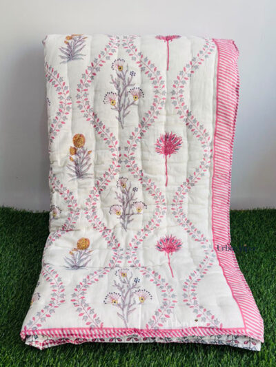 Rajasthani Jaipuri Razai King Size – Pink & Grey Floral Vine Print Cotton Quilt