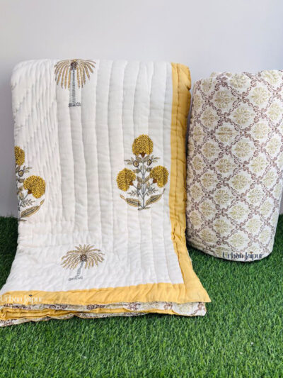 Jaipuri Razai King Size – Yellow Marigold Floral Print Cotton Quilt