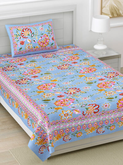 Jaipuri Floral Cotton Single Bedsheet with Matching Pillow Cover (60×90 inches)