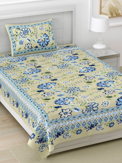 Jaipuri Floral Cotton Single Bedsheet with Matching Pillow Cover (60×90 inches)