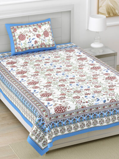 Jaipuri Print Multicolor Pure Cotton Single Bedsheet, Includes 1 Pillow Cover
