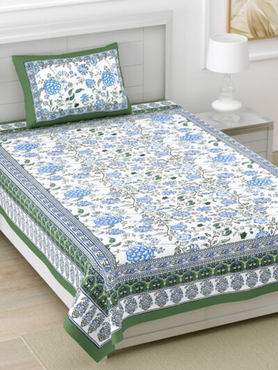 Jaipuri Print Multicolor Pure Cotton Single Bedsheet, Includes 1 Pillow Cover